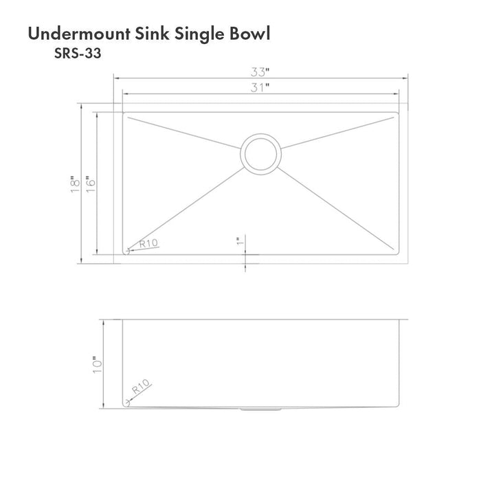 ZLINE 33 in. Meribel Undermount Single Bowl Stainless Steel Kitchen Sink with Bottom Grid (SRS-33)