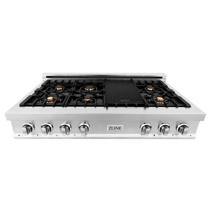 ZLINE 48 in. Porcelain Gas Stovetop with 7 Gas Burners and Griddle (RT48) Available with Brass Burners