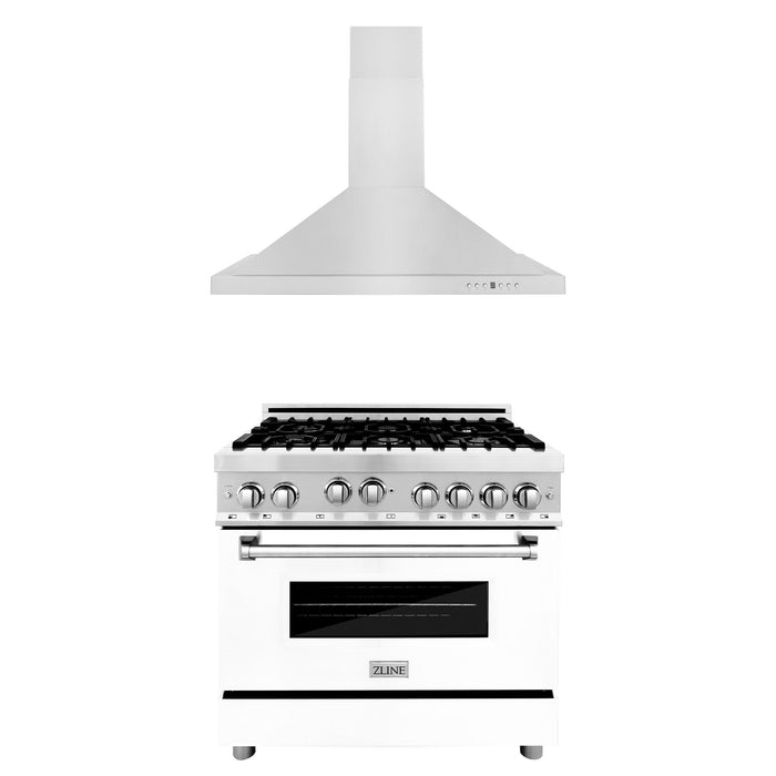 ZLINE 36" Kitchen Package with Stainless Steel Gas Range with White Matte Door and Convertible Vent Range Hood (2KP-RGWMRH36)