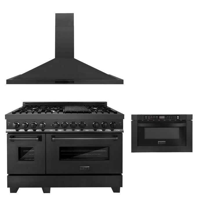 ZLINE 48" Kitchen Package with Black Stainless Steel Dual Fuel Range, Convertible Vent Range Hood and Microwave Drawer (3KP-RABRH48-MW)