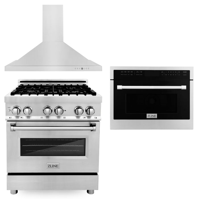 ZLINE 30" Kitchen Package with Stainless Steel Dual Fuel Range, Convertible Vent Range Hood and 24" Microwave Oven (3KP-RARHMWO-30)