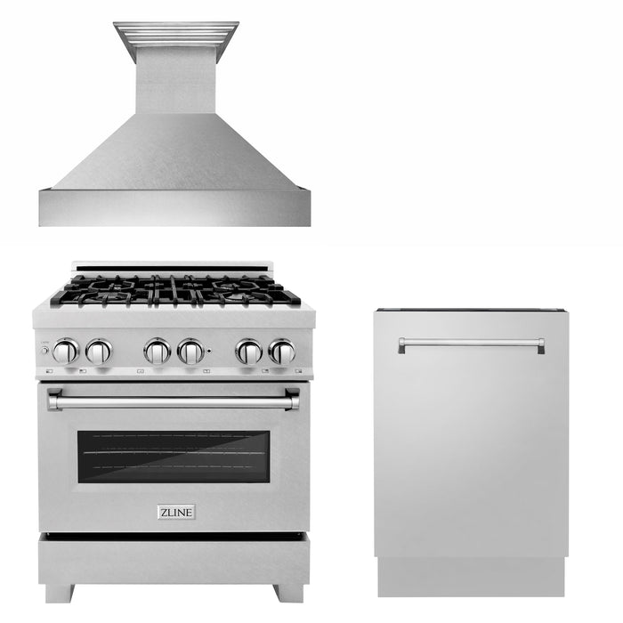 ZLINE 30" Kitchen Package with DuraSnow® Stainless Dual Fuel Range, Ducted Vent Range Hood and Tall Tub Dishwasher (3KP-RASRH30-DWV)