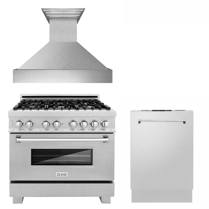 ZLINE 36 in. Kitchen Package with DuraSnow Stainless Dual Fuel Range, Ducted Vent Range Hood and Dishwasher (3KP-RASRH36-DW)