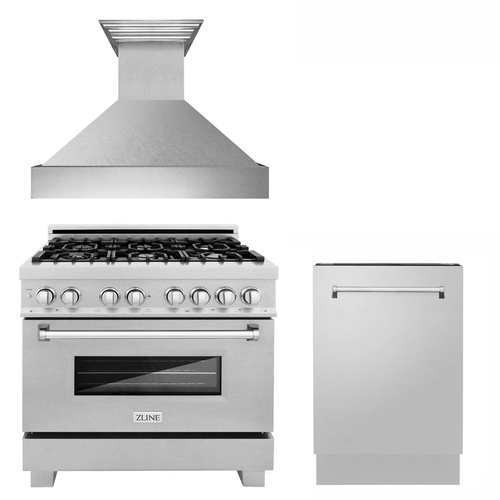 ZLINE 36" Kitchen Package with DuraSnow® Stainless Steel Gas Range, Ducted Range Hood and Dishwasher(3KP-RGSRH36-DWV)