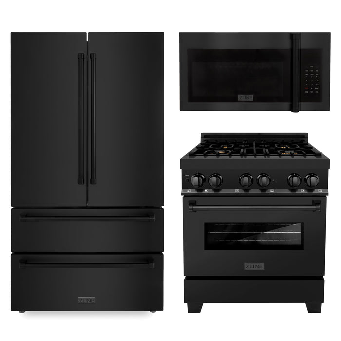 ZLINE Kitchen Package with Black Stainless Steel Refrigeration, 30" Dual Fuel Range and 30" Traditional Over the Range Microwave (3KPR-RABOTRH30)