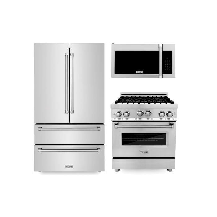 ZLINE Kitchen Package with Stainless Steel Refrigeration, 30" Gas Range and Traditional Over the Range Microwave (3KPR-RGOTRH30)