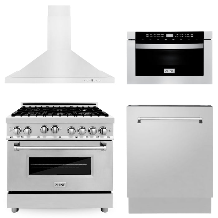 ZLINE 36" Kitchen Package with Stainless Steel Gas Range, Range Hood, Microwave Drawer and Tall Tub Dishwasher (4KP-RGRH36-MWDWV)