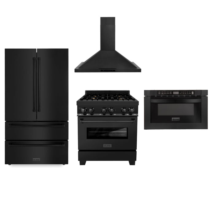 ZLINE Kitchen Package with Black Stainless Steel Refrigeration, 30" Dual Fuel Range, 30" Range Hood and Microwave Drawer (4KPR-RABRH30-MW)