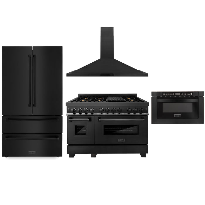 ZLINE Kitchen Package with Black Stainless Steel Refrigeration, 48" Dual Fuel Range and Microwave Drawer (4KPR-RABRH48-MW)