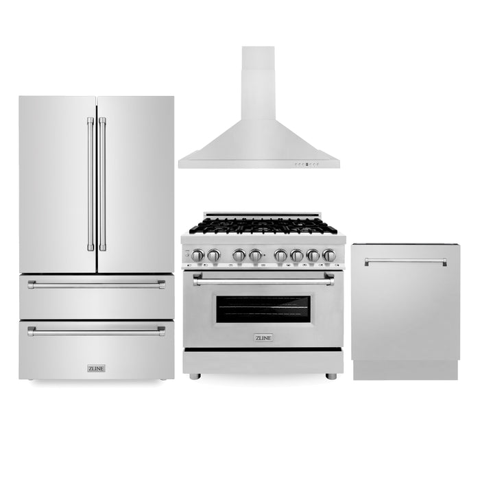 ZLINE Kitchen Package with Refrigeration, 36 in. Stainless Steel Dual Fuel Range, 36 in. Convertible Vent Range Hood and 24 in. Tall Tub Dishwasher (4KPR-RARH36-DWV)