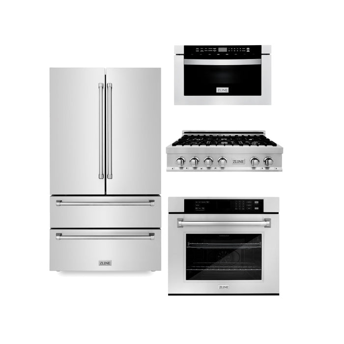 ZLINE Kitchen Package with Refrigeration, 36 in. Stainless Steel Rangetop, 30 in. Single Wall Oven, 30 in. Microwave Oven (4KPR-RT36-MWAWS)