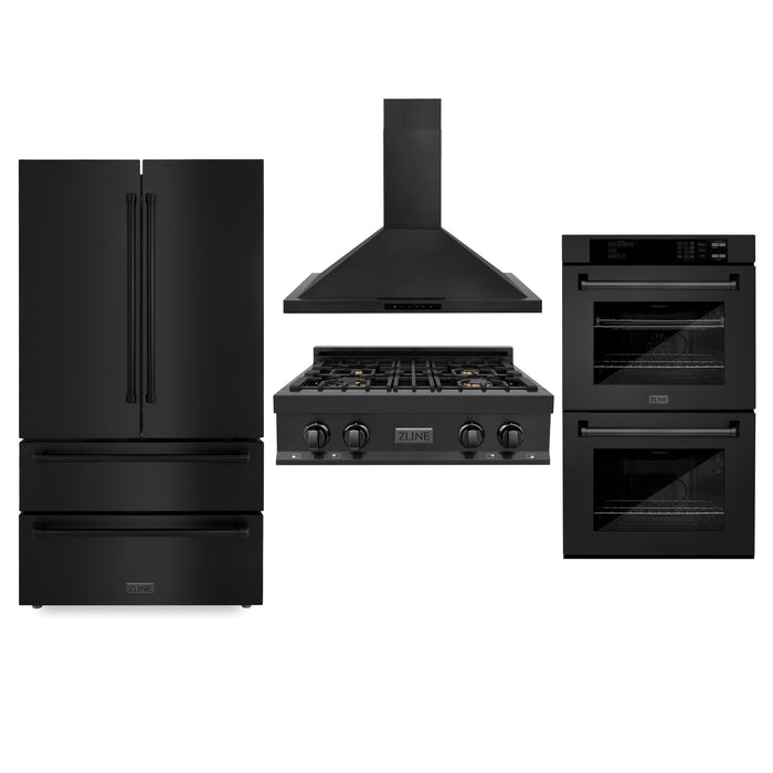 ZLINE Kitchen Package with Black Stainless Steel Refrigeration, 30" Rangetop, 30" Range Hood and 30" Double Wall Oven (4KPR-RTBRH30-AWD)