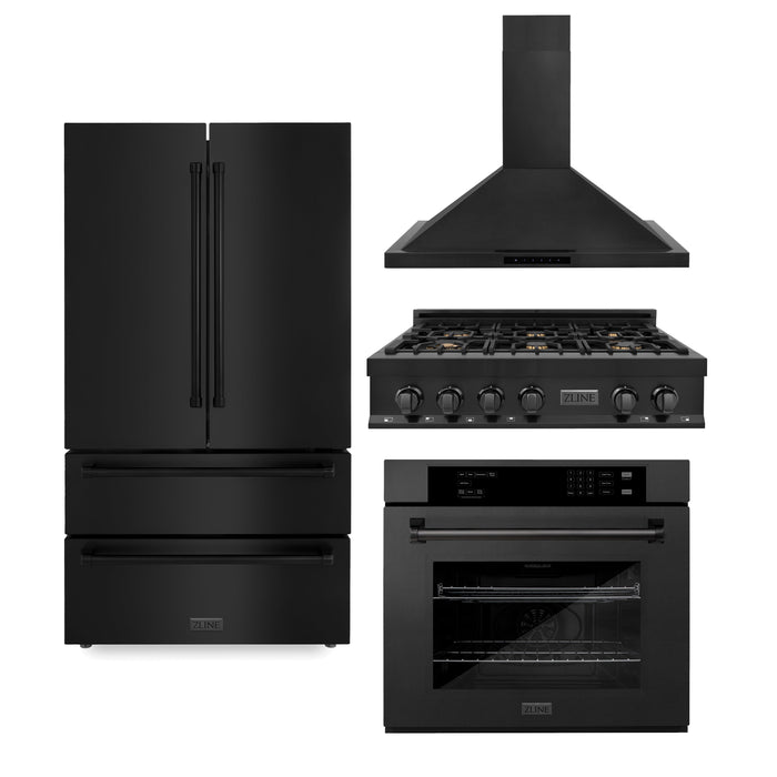 ZLINE Kitchen Package with Black Stainless Steel Refrigeration, 36" Rangetop, 36" Range Hood and 30" Single Wall Oven (4KPR-RTBRH36-AWS)