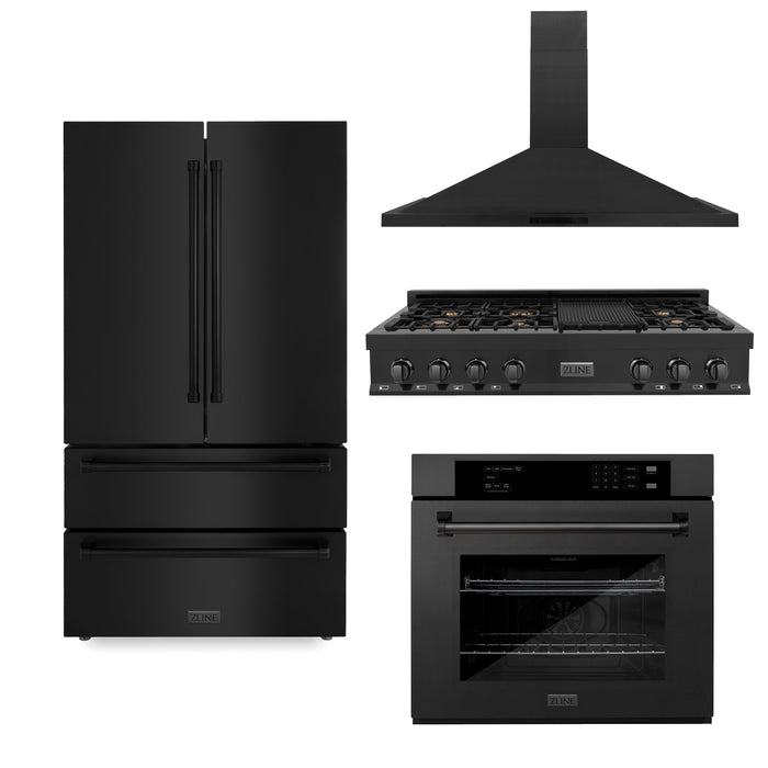 ZLINE Kitchen Package with Black Stainless Steel Refrigeration, 48" Rangetop, 48" Range Hood and 30" Single Wall Oven (4KPR-RTBRH48-AWS)