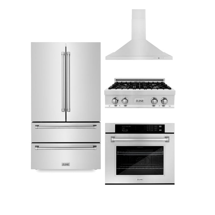 ZLINE Kitchen Package with Refrigeration, 30 in. Stainless Steel Rangetop, 30 in. Range Hood and 30 in. Single Wall Oven (4KPR-RTRH30-AWS)