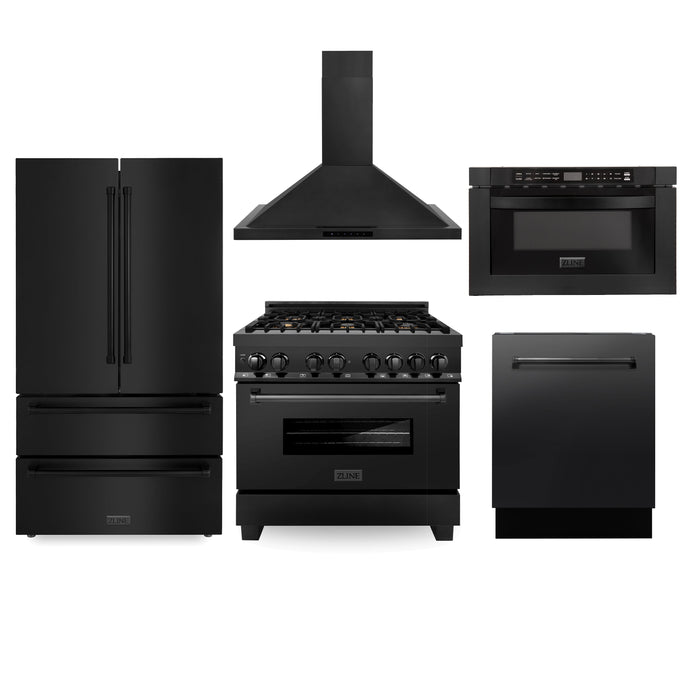ZLINE Kitchen Package with Black Stainless Steel Refrigeration, 36" Dual Fuel Range, 36" Range Hood, Microwave Drawer, and 24" Tall Tub Dishwasher (5KPR-RABRH36-MWDWV)