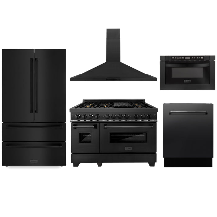 ZLINE Kitchen Package with Black Stainless Steel Refrigeration, 48" Dual Fuel Range, 48" Range Hood, Microwave Drawer, and 24" Tall Tub Dishwasher (5KPR-RABRH48-MWDWV)