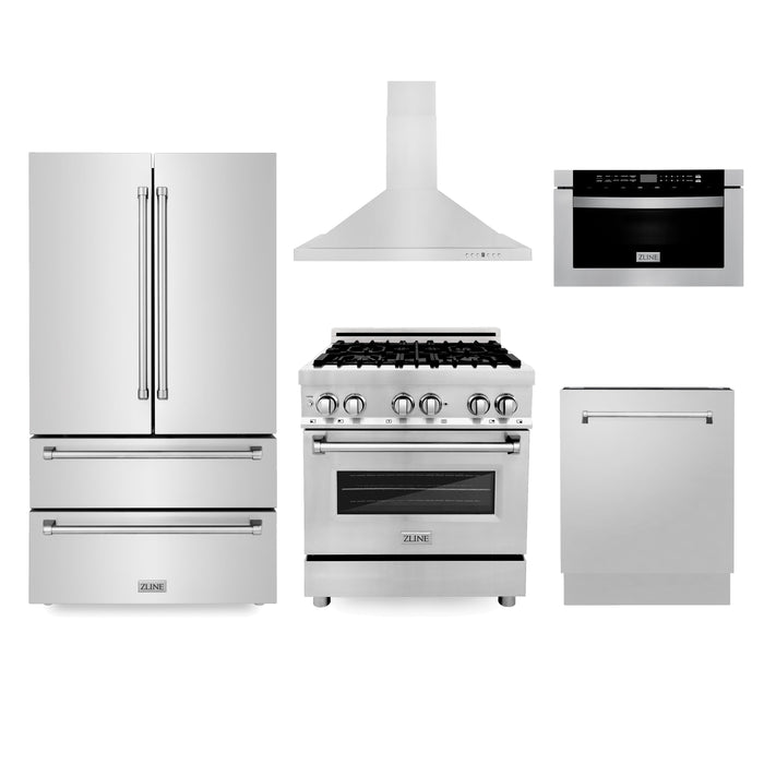 ZLINE Kitchen Package with Refrigeration, 30 in. Stainless Steel Dual Fuel Range, 30 in. Convertible Vent Range Hood, 24 in. Microwave Drawer, and 24 in. Tall Tub Dishwasher (5KPR-RARH30-MWDWV)