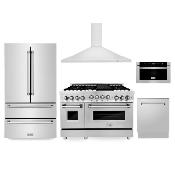 ZLINE Kitchen Package with Refrigeration, 48" Stainless Steel Gas Range, 48" Convertible Vent Range Hood, 24" Microwave Drawer, and 24" Tall Tub Dishwasher (5KPR-RGRH48-MWDWV)