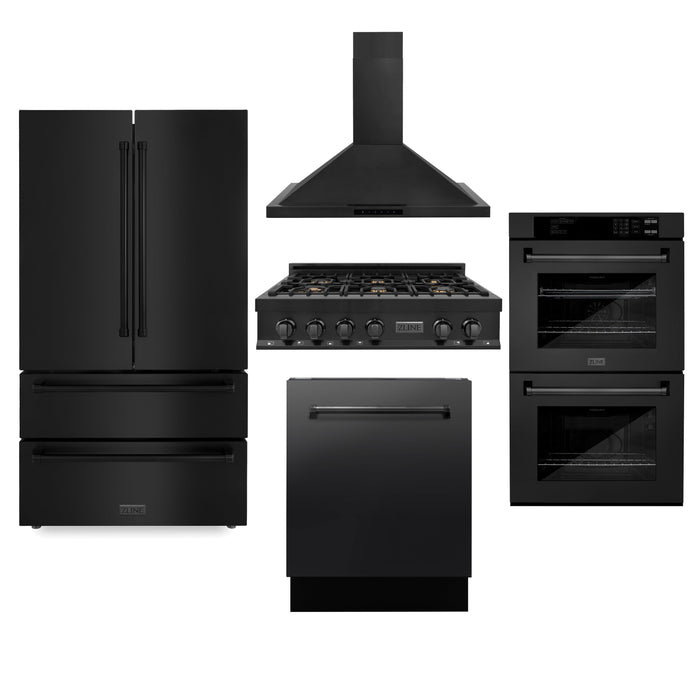ZLINE Kitchen Package with Refrigeration, 36" Black Stainless Steel Gas Range, 36" Convertible Vent Range Hood, 30" Single Wall Oven, and 24" Tall Tub Dishwasher (5KPR-RTBRH36-AWDDWV)