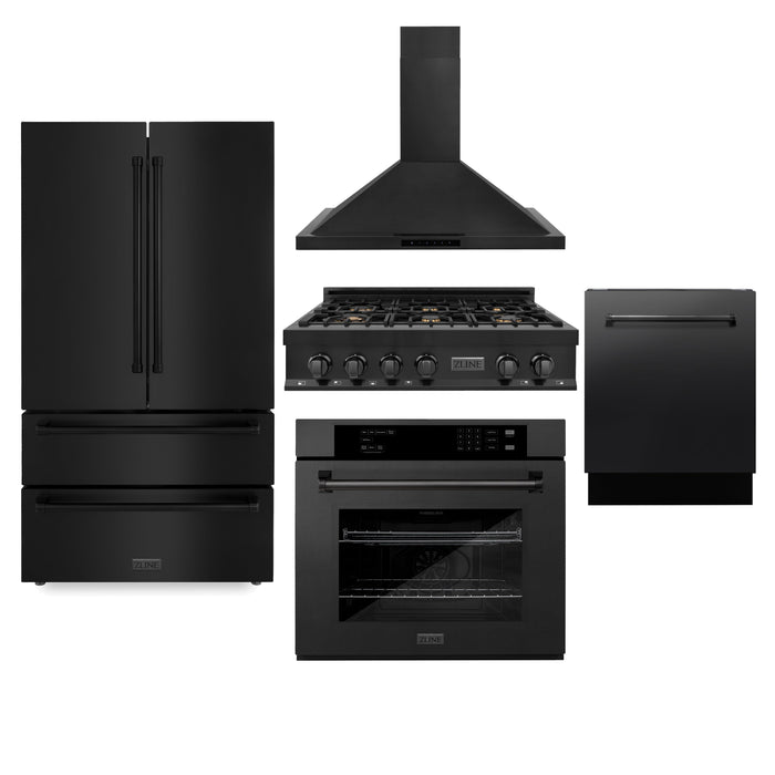 ZLINE Kitchen Package with Refrigeration, 36" Black Stainless Steel Gas Rangetop, 36" Convertible Vent Range Hood, 30" Single Wall Oven, and 24" Tall Tub Dishwasher (5KPR-RTBRH36-AWSDWV)