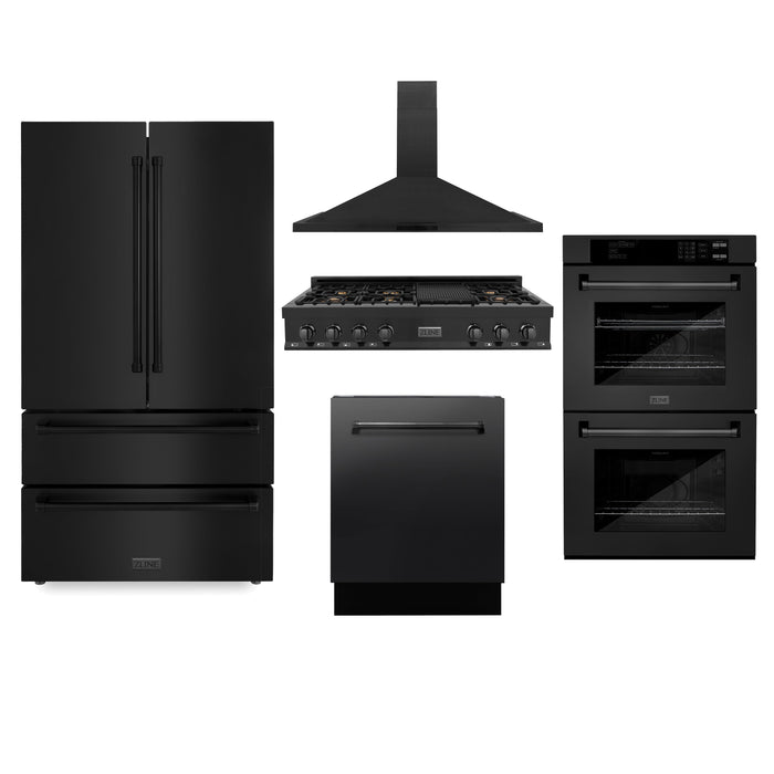ZLINE Kitchen Package with Refrigeration, 48" Black Stainless Steel Gas Rangetop, 48" Convertible Vent Range Hood, 30" Double Wall Oven, and 24" Tall Tub Dishwasher (5KPR-RTBRH48-AWDDWV)