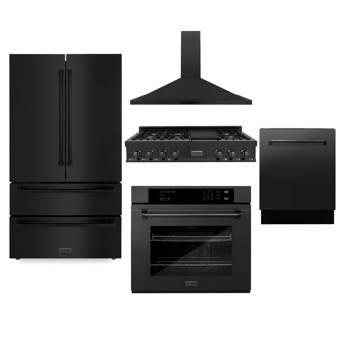 ZLINE Kitchen Package with Refrigeration, 48" Black Stainless Steel Gas Rangetop, 48" Convertible Vent Range Hood, 30" Single Wall Oven, and 24" Tall Tub Dishwasher (5KPR-RTBRH48-AWSDWV)