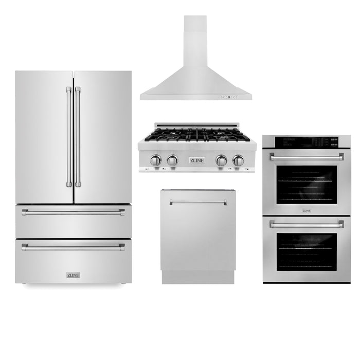 ZLINE Kitchen Package with Refrigeration, 30 in. Stainless Steel Gas Rangetop, 30 in. Convertible Vent Range Hood, 30 in. Double Wall Oven, and 24 in. Tall Tub Dishwasher (5KPR-RTRH30-AWDDWV)