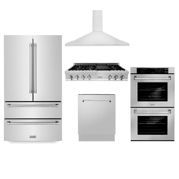 ZLINE Kitchen Package with Refrigeration, 48 in. Stainless Steel Rangetop, 48 in. Range Hood, 30 in. Double Wall Oven and 24 in. Tall Tub Dishwasher (5KPR-RTRH48-AWDDWV)