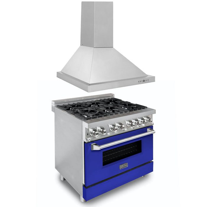 ZLINE 36" Kitchen Package with Stainless Steel Dual Fuel Range with Blue Gloss Door and Convertible Vent Range Hood (2KP-RABGRH36)