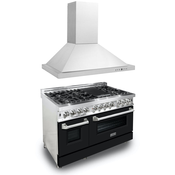 ZLINE 48" Kitchen Package with Stainless Steel Dual Fuel Range with Black Matte Door and Convertible Vent Range Hood (2KP-RABLMRH48)