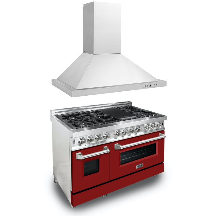 ZLINE 48" Kitchen Package with Stainless Steel Dual Fuel Range with Red Gloss Door and Convertible Vent Range Hood (2KP-RARGRH48)