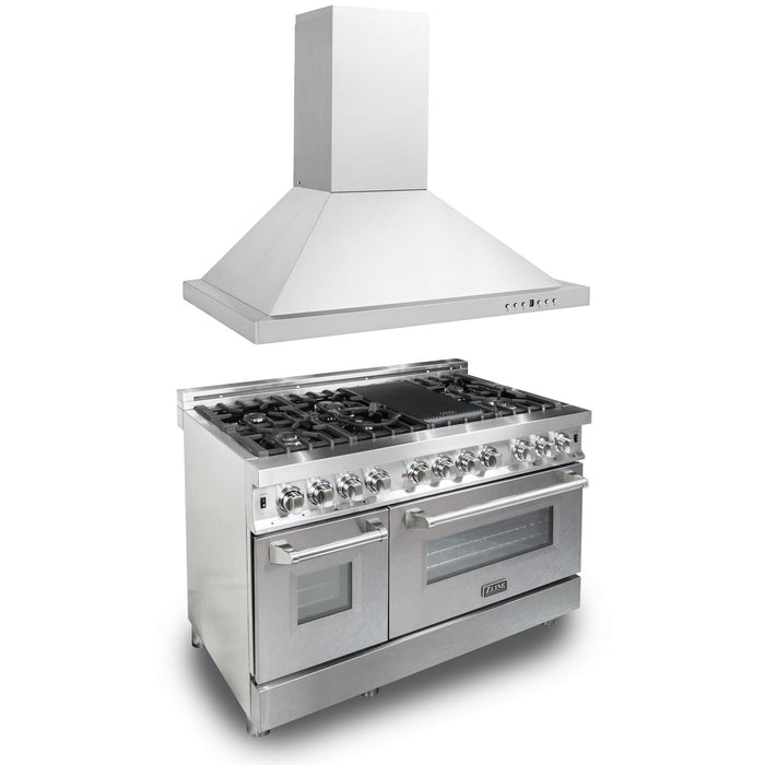 ZLINE 48" Kitchen Package with Stainless Steel Dual Fuel Range with DuraSnow® Door and Convertible Vent Range Hood (2KP-RASNRH48)