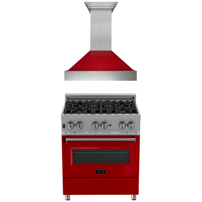 ZLINE 30" Kitchen Package with DuraSnow® Stainless Steel Dual Fuel Range with Red Gloss Door and Convertible Vent Range Hood (2KP-RASRGRH30)