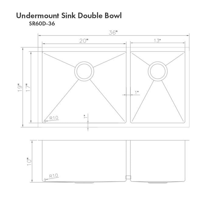 ZLINE 36" Chamonix Undermount Double Bowl Kitchen Sink with Bottom Grid (SR60D-36)