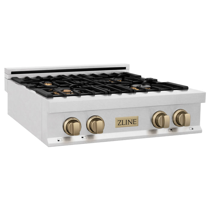 ZLINE Autograph Edition 30" Porcelain Rangetop with 4 Gas Burners in DuraSnow® Stainless Steel and Accents (RTSZ-30)