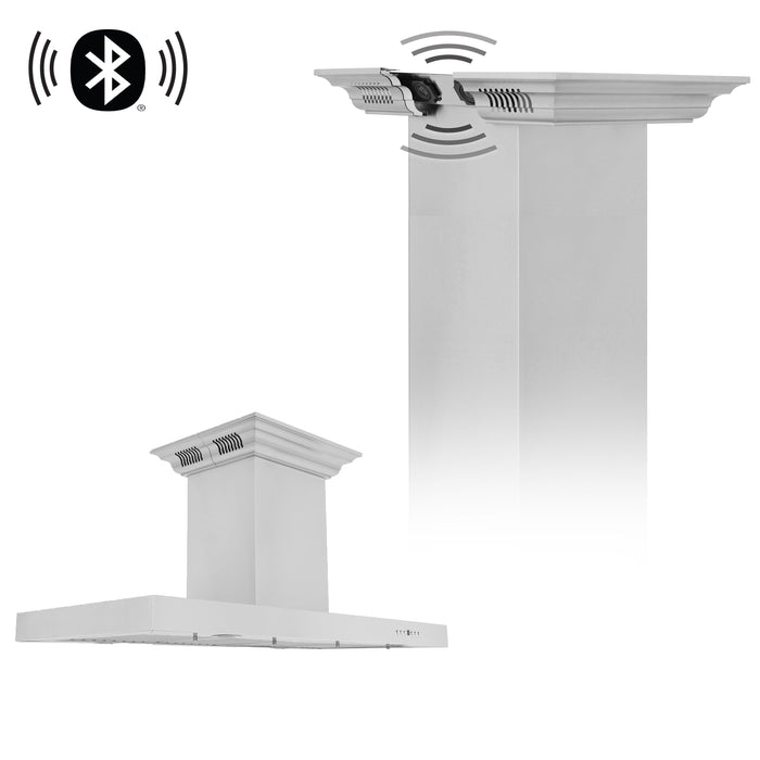 Island Mount Range Hood in Stainless Steel with Built-in ZLINE CrownSound™ Bluetooth Speakers (KE2iCRN-BT)
