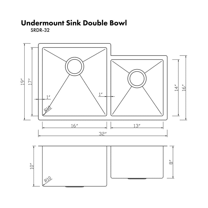 ZLINE 32" Jackson Undermount Double Bowl Kitchen Sink with Bottom Grid (SRDR-32)