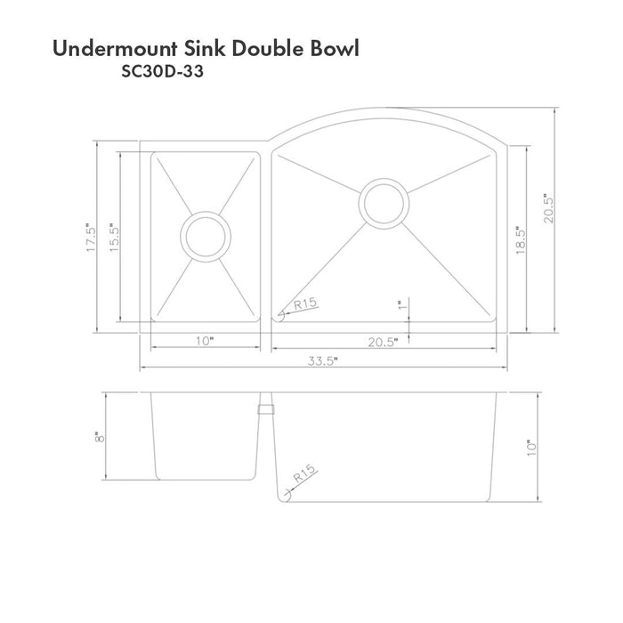 ZLINE 33 in. Aspen Undermount Double Bowl Kitchen Sink with Bottom Grid (SC30D)